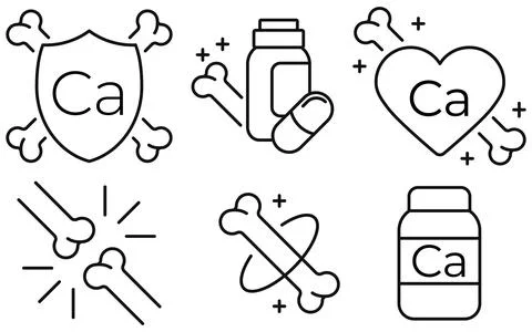 Minimal line icon collection focused on calcium and bone health, featuring pi Stock-Illustration