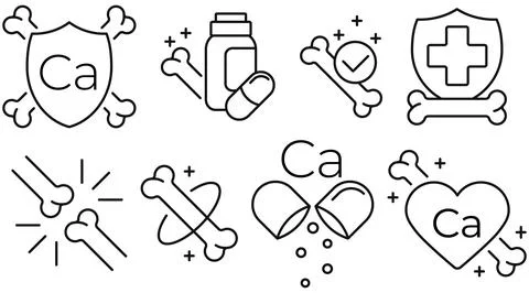 Minimal line icon set representing calcium benefits for bones, and suppleme.. Ilustração Stock