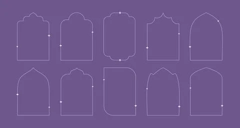Minimal linear style Islamic windows and arches decorated by stars, sparkles Stock Illustration