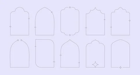 Minimal linear style Islamic windows and arches decorated by stars, sparkles Stock Illustration