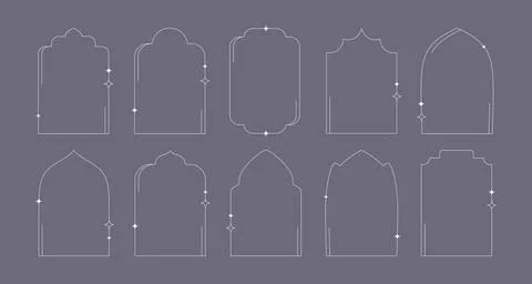 Minimal linear style Islamic windows and arches decorated by stars, sparkles Stock Illustration