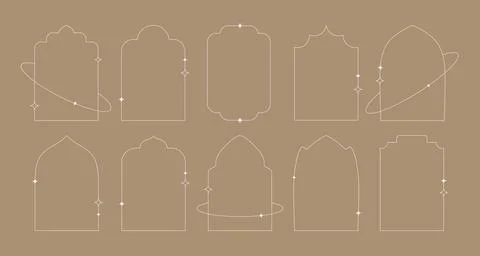 Minimal linear style Islamic windows and arches decorated by stars, sparkles Stock Illustration