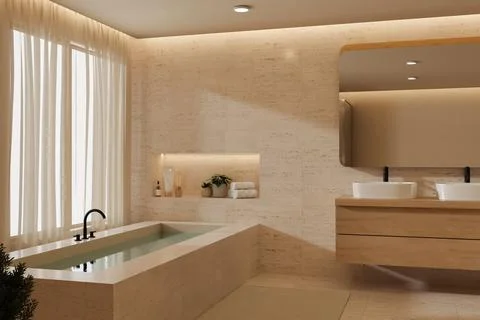 Minimal luxury bathroom with floating vanity and stone bathtub 3D illustratio Stock Illustration