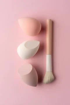Minimal makeup tools on a pink background with soft sponges and a brush. Clea Stock Photos