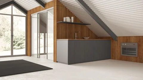 Minimal mansard in white and gray tones, kitchen with cabinets. Wooden wall.. Stock Illustration