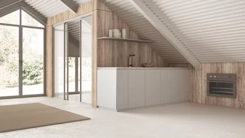 Minimal mansard in white tones, kitchen with cabinets. Bleached wooden wall.. Stock Illustration