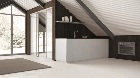 Minimal mansard in white tones, kitchen with cabinets. Dark wooden walls, i.. Stock Illustration
