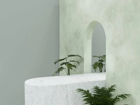 Minimal marble podium with plants background 3D render illustration Stock Illustration