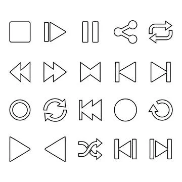 Minimal Media Player Control Icons Line Art Vector Set Stock Illustration