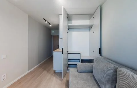 Minimal Modern Apartment Interior With Open Wardrobe Closet And Gray Sofa I.. Stock Photos