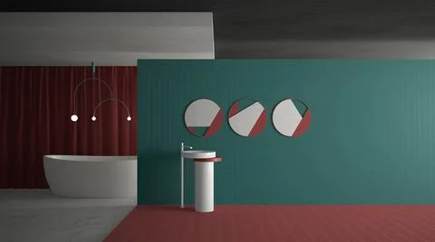 Minimal modern bathroom in empty open space, red and turquoise architecture c 스톡 일러스트