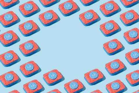 Minimal, modern dish washing pattern made of dishwasher tablets. Trendy brigh Stock Photos