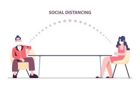 Minimal modern flat character man and woman wearing mask social distancing co Stock Illustration