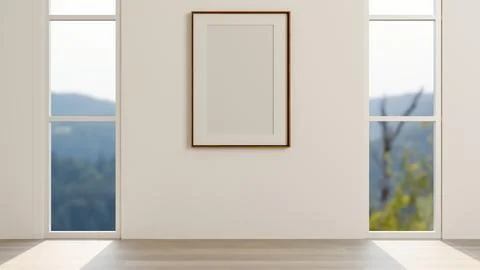 Minimal modern interior with blank picture frame mockup on wall and large w.. Stock-Illustration