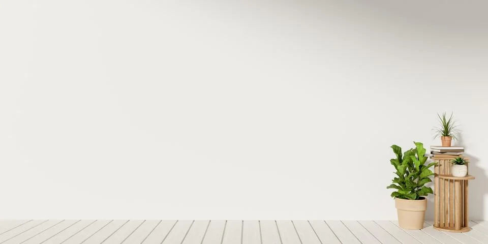 Minimal modern interior with empty beige wall, wooden floor and houseplants.. 스톡 일러스트