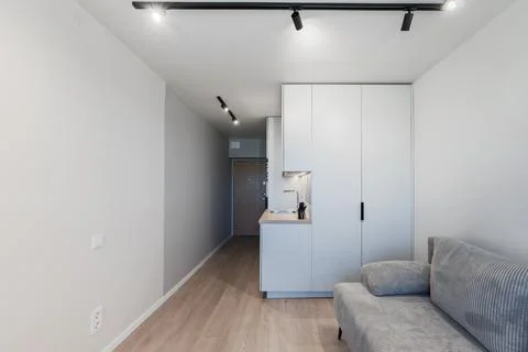 Minimal Modern Studio Apartment Interior With Compact Kitchenette, Gray Sof.. Stock Photos