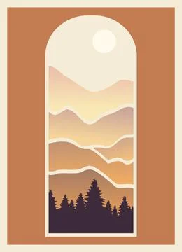 Minimal mountain landscape view throw the window poster. Background with sun and Illustrazione stock