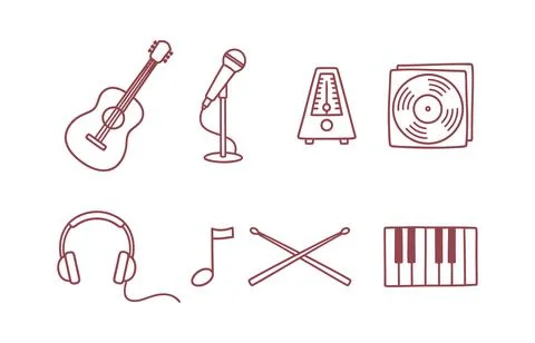 Minimal Music Instruments Line Icon Set Featuring Guitar Microphone Metrono.. Stock Illustration