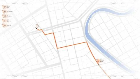 Minimal navigation map. Urban route with metrics and travel data route dashboard Stock Illustration