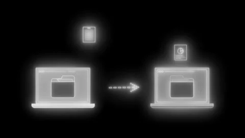 Minimal neon animation of two laptops with folder icons and an arrow indica.. Stock Footage 334763957