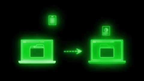 Minimal neon animation of two laptops with folder icons and an arrow indica.. Stock Footage 334763972