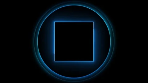 Minimal neon logo reveal frame with cyan square center, blue outer ring, and bla Stock Footage 340565536