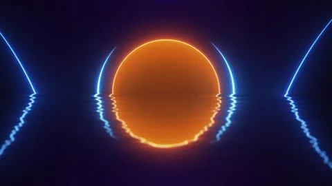 Minimal neon sunset with glowing orange orb, blue arcs and mirrored reflect.. Stock Illustration
