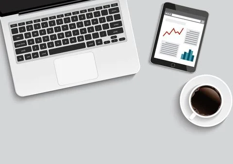 Minimal office with computer and a cup of coffee, vector illustration Stock Illustration