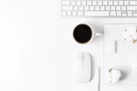 Minimal Office desk table with Keyboard computer, coffee cup, mouse, white .. Stock Photos
