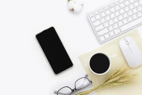 Minimal Office desk table top view Smart phone Stock Photos