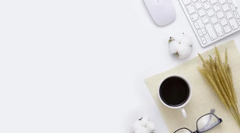 Minimal Office desk table top view Stock Photos