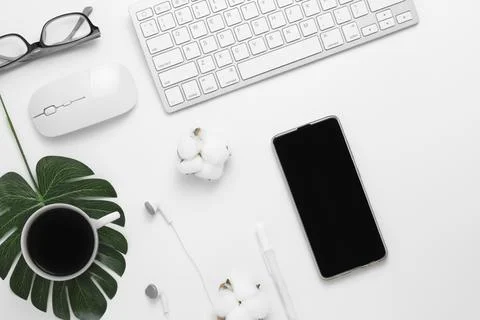 Minimal Office desk table top view Stock Photos
