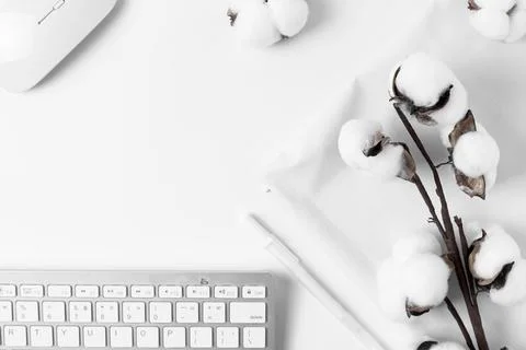 Minimal Office desk table top view Stock Photos