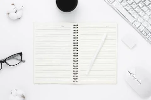 Minimal Office desk table top view Stock Photos
