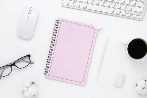 Minimal Office desk table top view Stock Photos