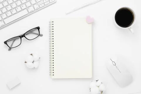 Minimal Office desk table top view with Keyboard computer, mouse, Glasses, .. Stock Photos