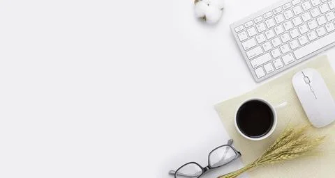 Minimal Office desk table top view with Keyboard computer, mouse, Glasses, .. Stock Photos