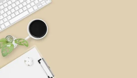 Minimal Office desk table top view with office supply and coffee cup on a t.. Stock Photos
