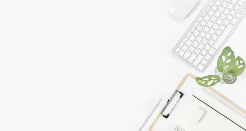 Minimal Office desk table top view with office supply and coffee cup on a w.. Stock Photos