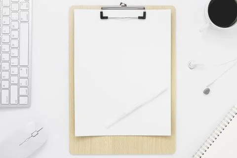Minimal Office desk table top view with office supply and coffee cup on a w.. Stock Photos