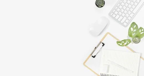 Minimal Office desk table top view with office supply and coffee cup on a w.. Stock Photos