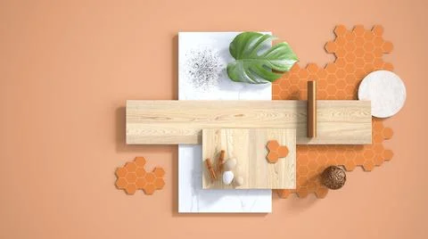 Minimal orange background with copy space, marble slab, wooden planks, cuttin Stock Illustration