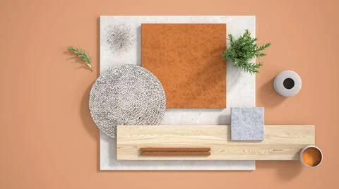 Minimal orange background with copy space, marble limestone and granite slabs Stock Illustration