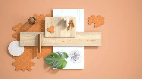 Minimal orange background with copy space, marble slab, wooden planks, cuttin Stock Illustration