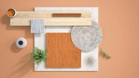 Minimal orange background with copy space, marble limestone and granite slabs Stock Illustration