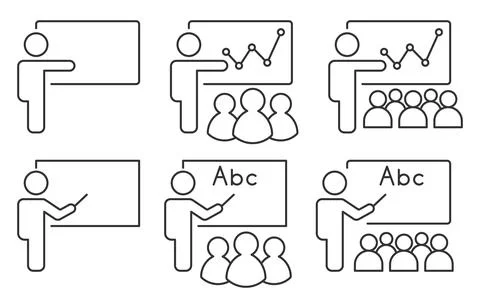 Minimal outline icon collection featuring presentation, teaching, classroom.. Stock-Illustration
