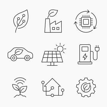 Minimal outline icon set representing green tech Stock Illustration