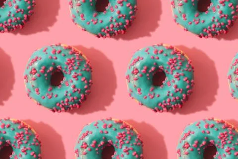 Minimal pattern of donuts on coral background. Top view Foto stock