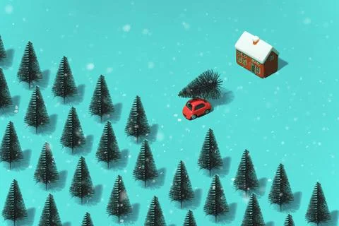 Minimal pattern red car carries Christmas tree from forest to the city Foto stock