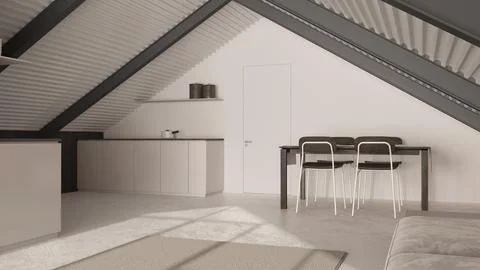 Minimal penthouse in white tones. Kitchen, living and dining room with sofa.. Stock Illustration
